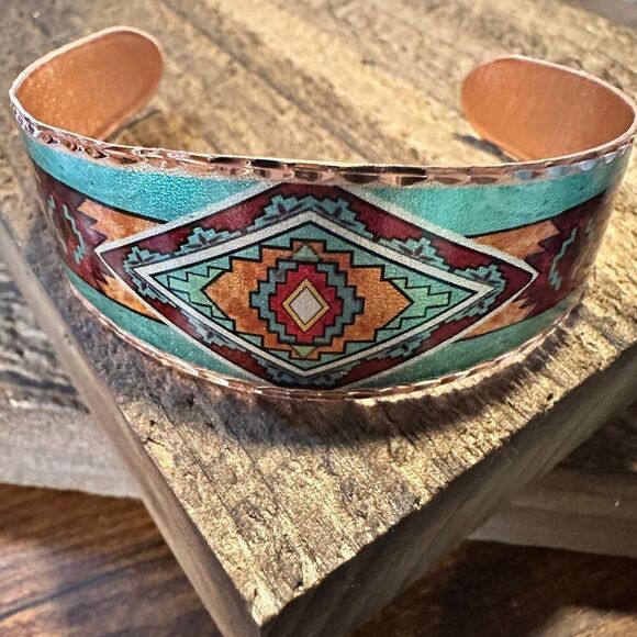 Handmade Boho Copper Wide Cuff Bracelet, Diamond Cut Southwest Native Design, G - Picture 1 of 11